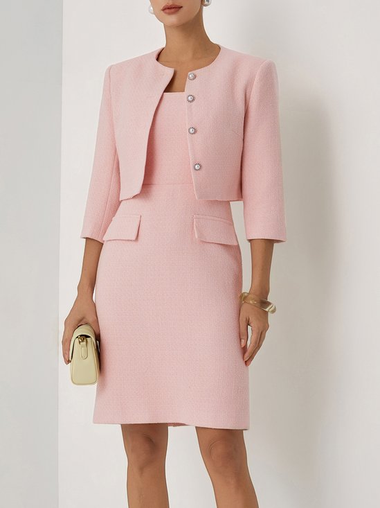 Women Pink Buckle Crew Neck Half Sleeve Dressy Dress With Coat Two-Piece Set