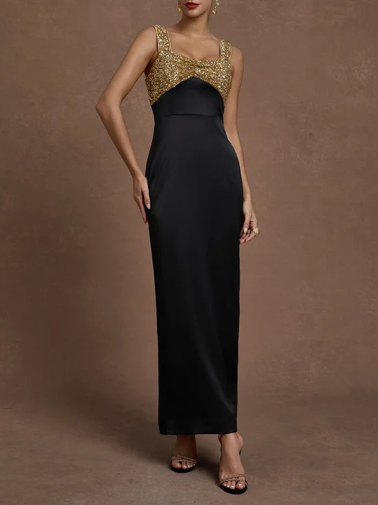 Black Glitter Satin Spaghetti Gallus Sheath Maxi Dress