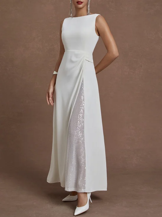 White Sequin Glitter Classic Crew Neck Sleeveless A-Line Maxi Dress