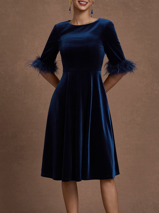 Purplish Blue Feather-trimmed Velvet Crew Neck Half Sleeve A-Line Midi Dress