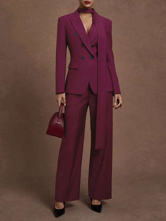Women Wine Red Buckle Shoulder Pad Lapel Collar Long Sleeve Dressy Coat With Pants Two-Piece Set