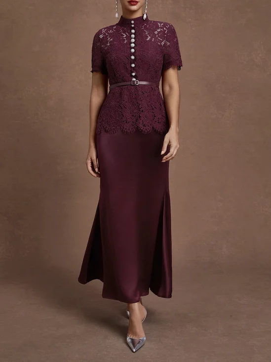 Wine Red Buckle Lace Classic Mock Neck Short Sleeve Mermaid Maxi Dress