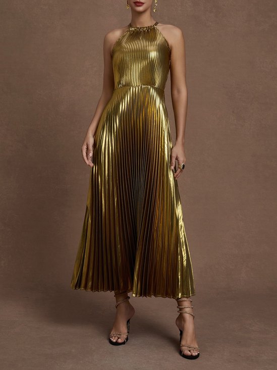 Yellow Brown Pleated Satin Halter Sleeveless A-Line Maxi Dress