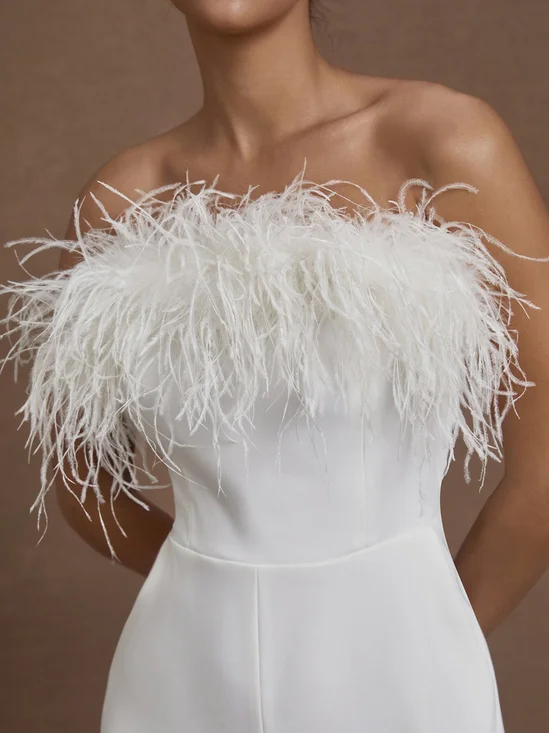 Women White Feather-trimmed Strapless Sleeveless Dressy Jumpsuit