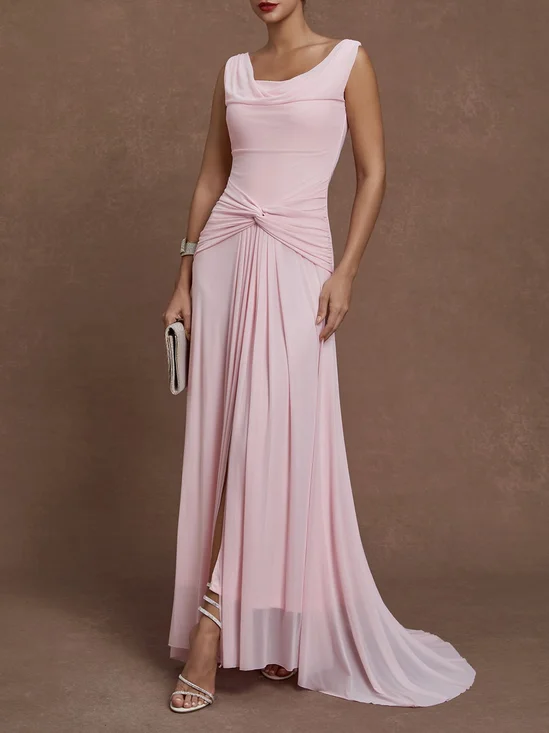 Pink Ruched Slit Tulle Cowl Neck Sleeveless A-Line Gown Dress
