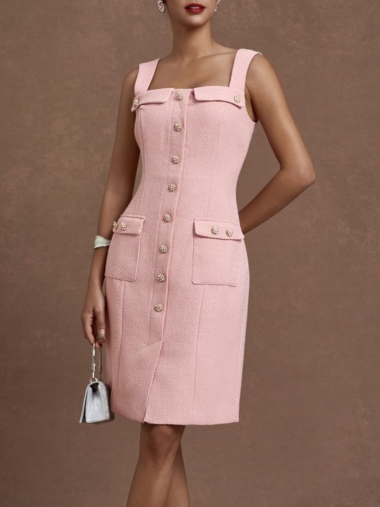 Pink Buckle Pocket Stitching Tweed Spaghetti Sleeveless Sheath Midi Dress