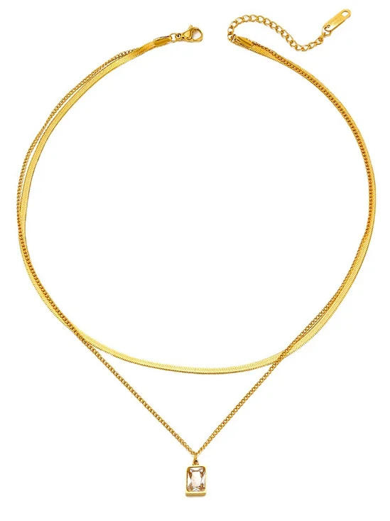 Simple Double Layer Square Pendant Necklace Women's Design Temperament Versatile Snake Bone Chain Jewelry