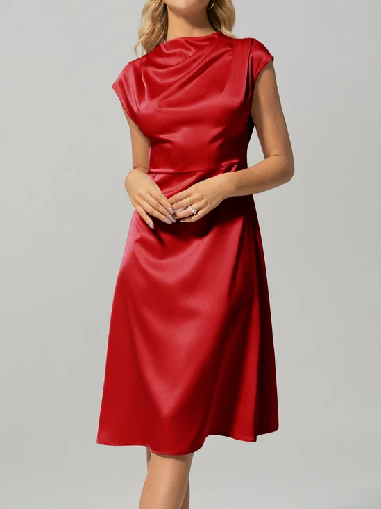 Half Turtleneck Silk Satin Simple Plain Dress