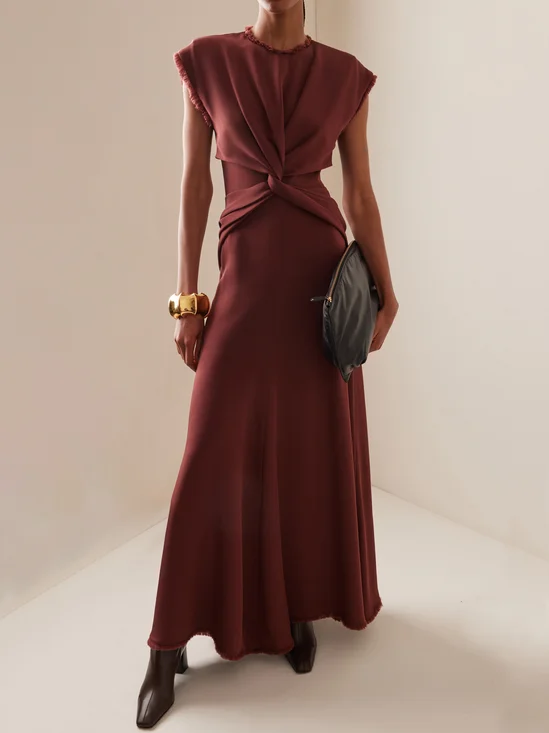 Brown Sleeveless Silk-Satin Maxi Dress