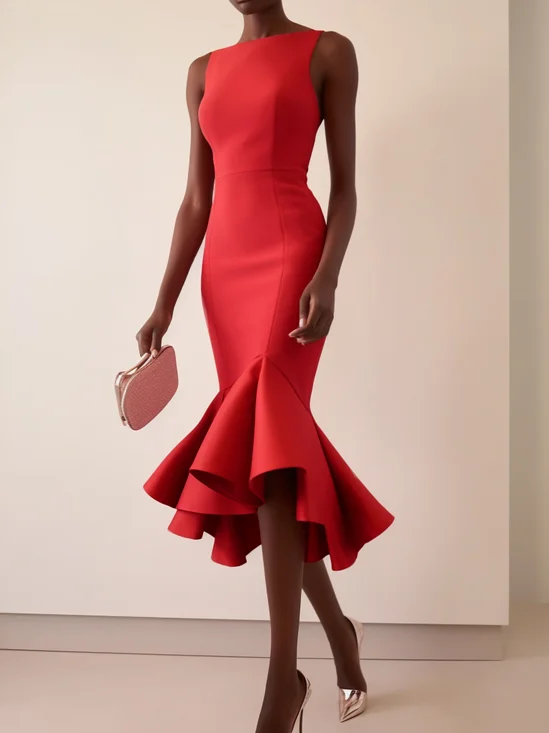 Sleeveless Midi Formal Dress with  Pleated Skirt for Summer
