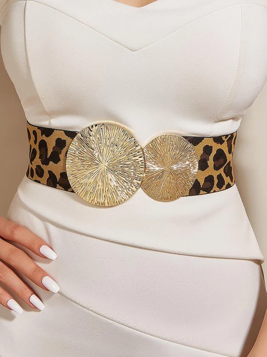 Round Golden Buckle Elastic Wide Belt Elegant Dress Coat Girdle