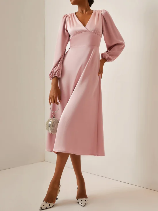Regular Fit Silk Satin Simple Ruched Dress - Pink / Blue / Purple / Black