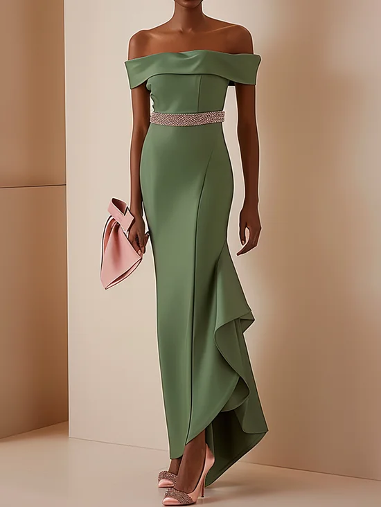 Green Ruched Off The Shoulder Floor Length Dress With Rhinestone Belt