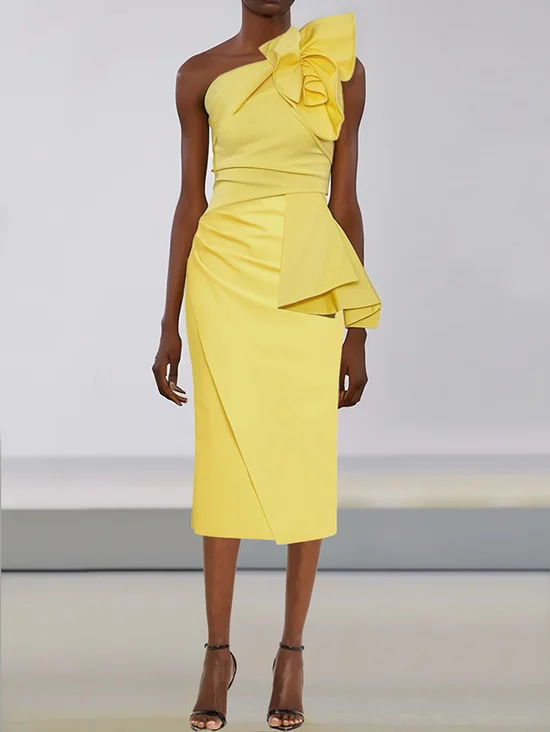 Urban One Shoulder Irregular Craftsmanship Plain Dress Pastel Yellow Prom Dress