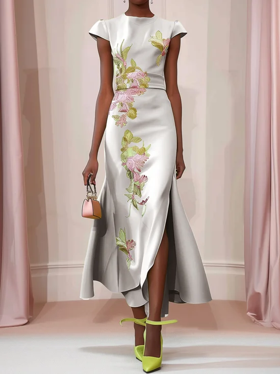 Silver Light Gray Floral Embroideried Cap Sleeve Slit A-Line Maxi Dress