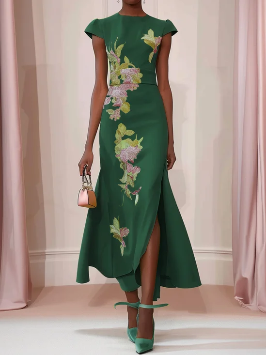 Dark Green Embroidery Crew Neck Cap Sleeve Maxi Dress