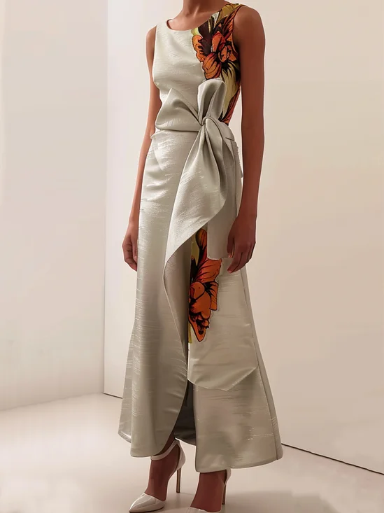 Khaki Sleeveless Florals Plain Urban Regular Fit Ruched Maxi Dress For Women