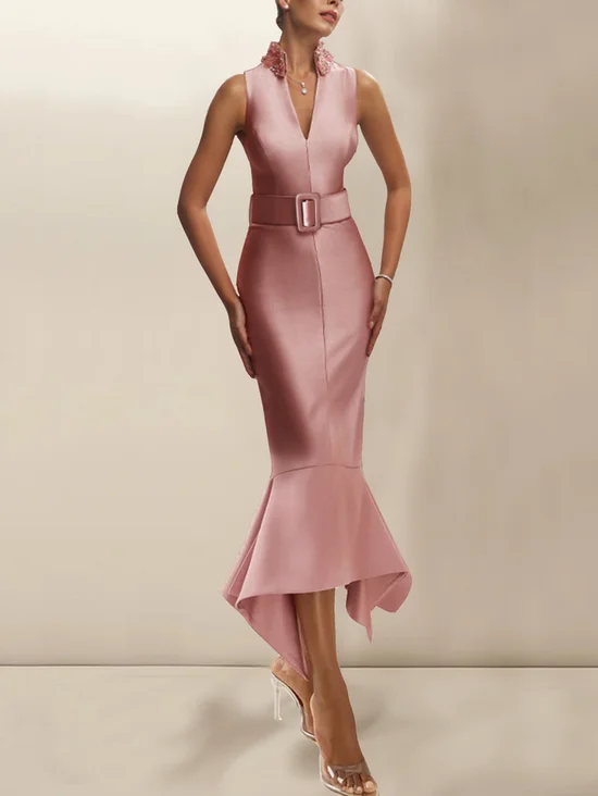 Pink V Neck Sleeveless Midi Flounce Dress