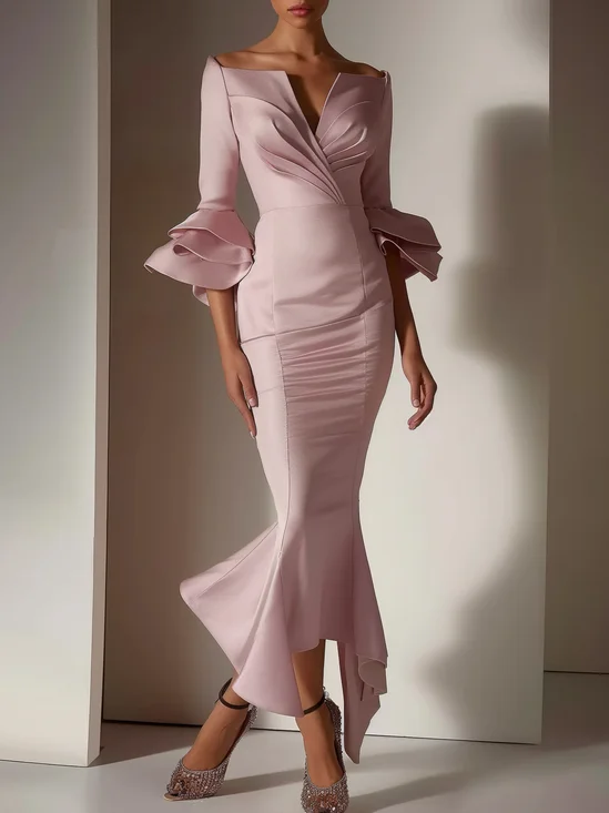 Pink Ruched Short Sleeves V Neck Maxi Elegant Dress For Summer