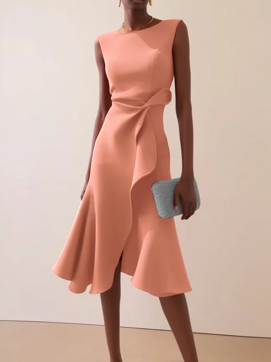 Orange Pink Sleeveless Midi Ruched Dress