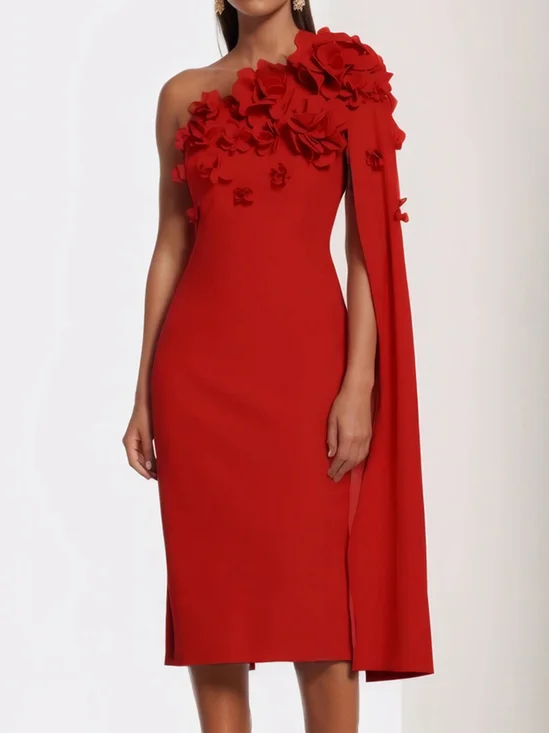 Pink 3D Floral One Shoulder Removable Sleeve Sheath Midi Dress