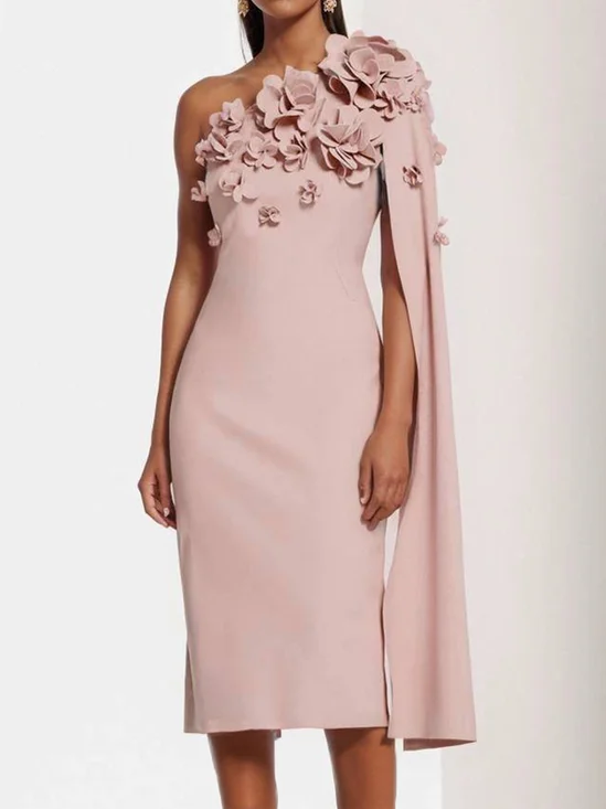 Light Blue 3D Floral One Shoulder Removable Sleeve Sheath Midi Dress