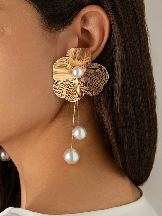 1pair Elegant Hollow Out Flower Imitation Pearl Tassel Earrings
