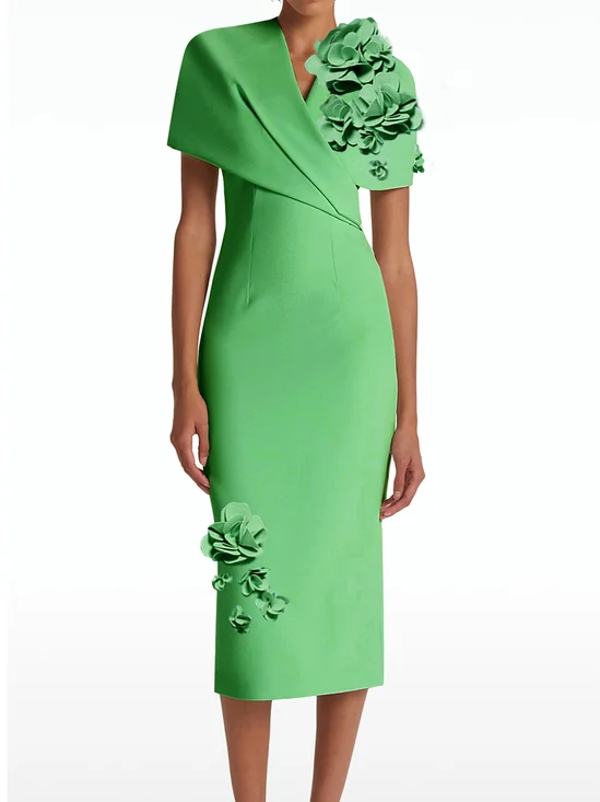 3D Floral V Neck Urban Plain Midi Dress for Summer