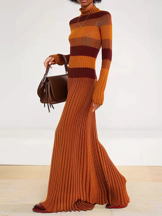 Wool/Knitting Urban Striped Loose Sweater Dress For Women