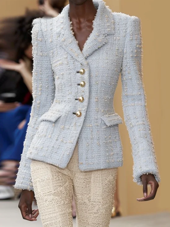 Women Shawl Collar Regular Fit Urban Plain Tweed Jacket