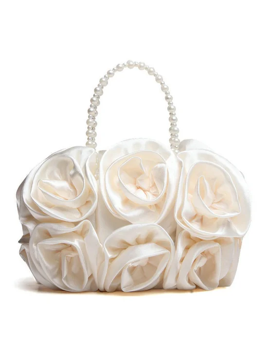Elegant Rose Satin Decor Imitation Pearl Handbag