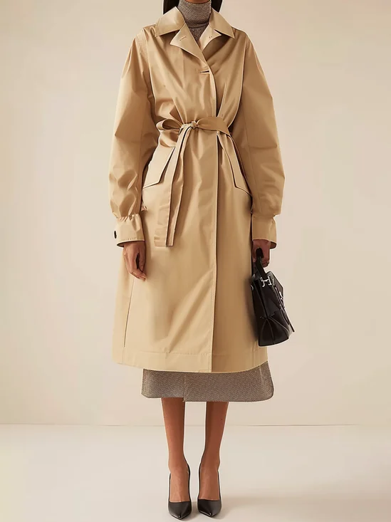 Urban Lapel Collar Plain Loose Trench Coat For Women