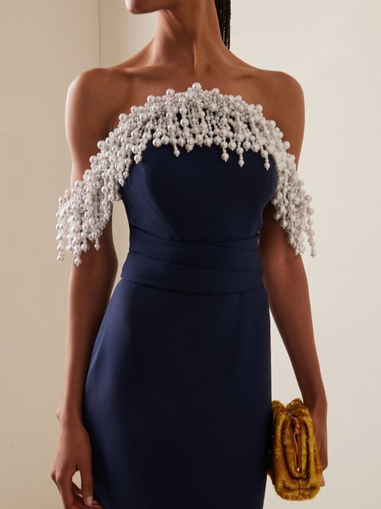 Dark Blue Off-the-shoulder Strapless Plain Imitation Pearls Urban Midi Dress Mermaid Skirt