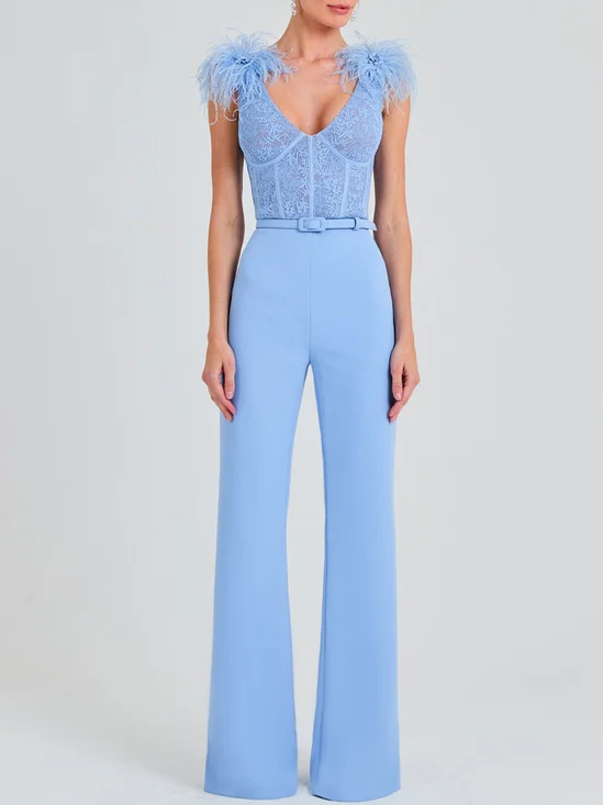 Urban V Neck Feather-trimmed Lace Jumpsuit