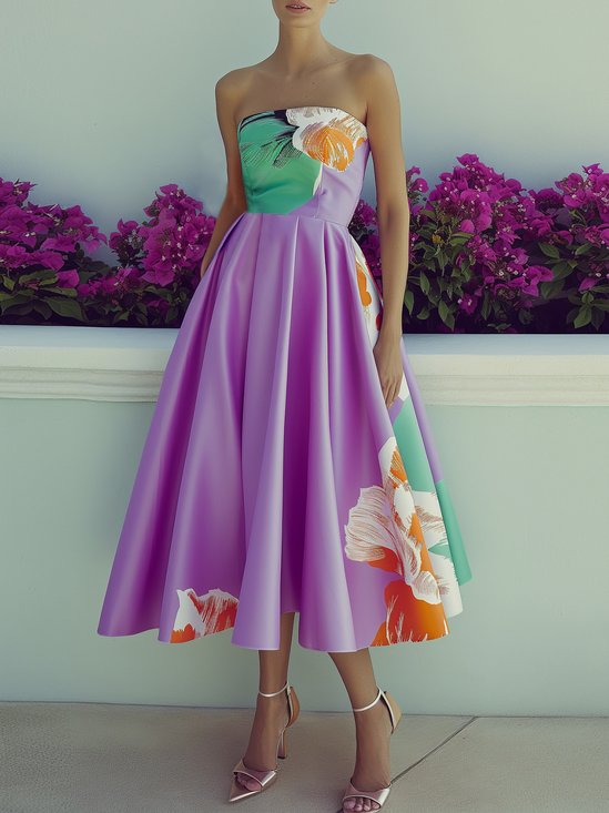 Summer Urban Floral Strapless Midi Dress For Women