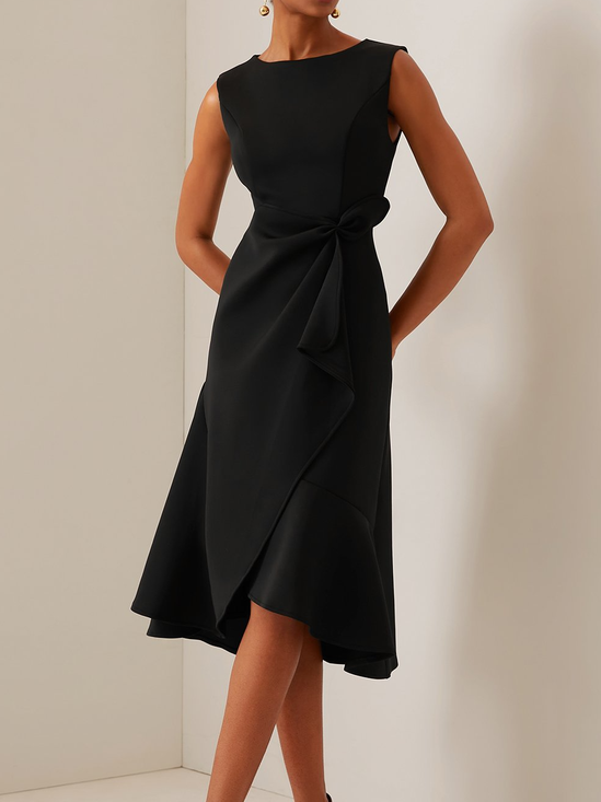 Black Sleeveless Midi Elegant Dress with Waist Twist for Day-to-Night