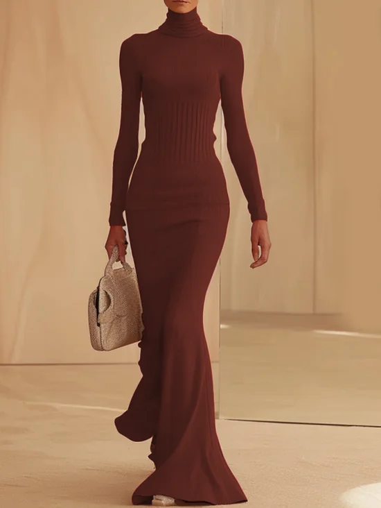 Coffee Brown High Neck Long Sleeve A-Line Maxi Wool Sweater Dress