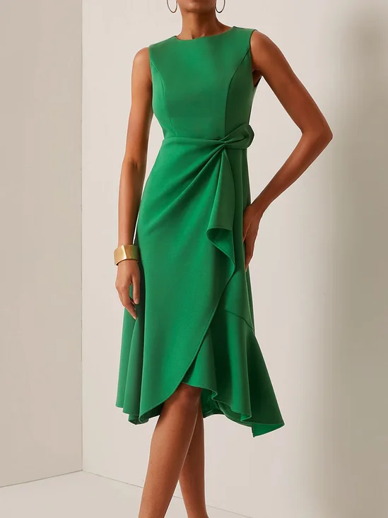 Green Commuting Sleeveless Boat Neck Plain Midi Dress