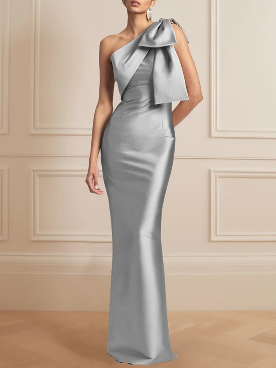 Gray Bow One Shoulder Sleeveless Maxi Sheath Dress