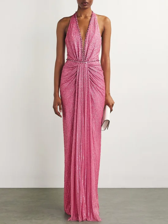 Pink V Neck Sleeveless Sequin Halter Maxi Party Dress