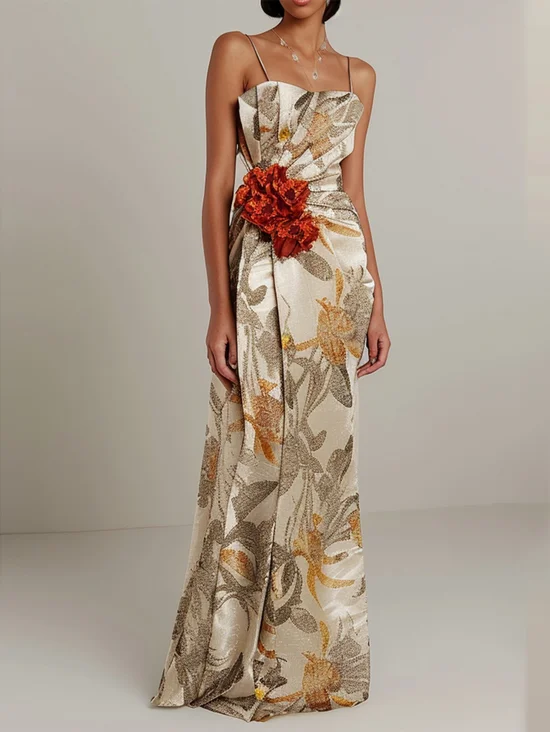 Champagne 3D Floral Spaghetti Maxi Dress