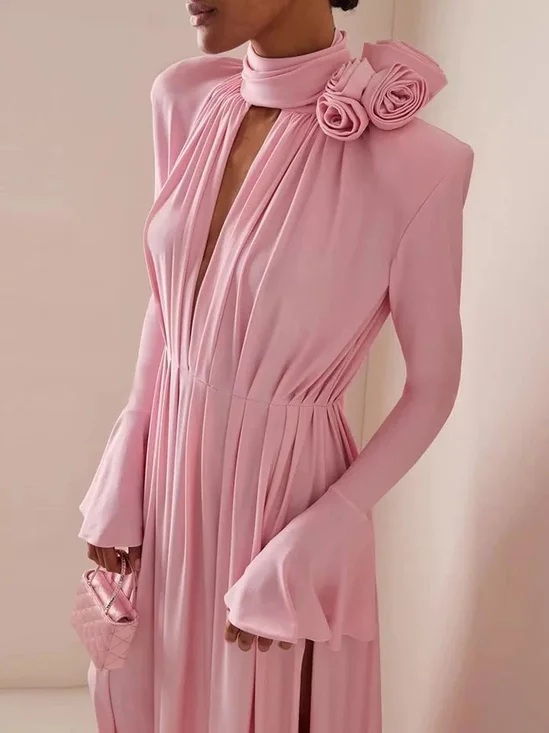 Applique Pleated Bell Sleeve Maxi Slit Pink Dress For Women