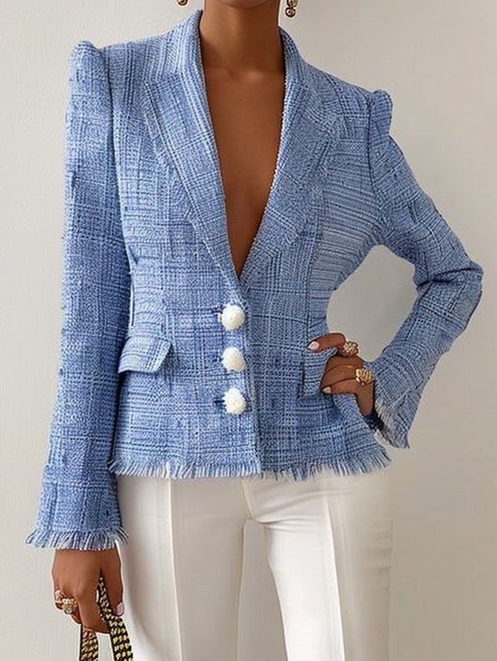 Blue Lapel Collar Buckle Tweed Blazer Jacket