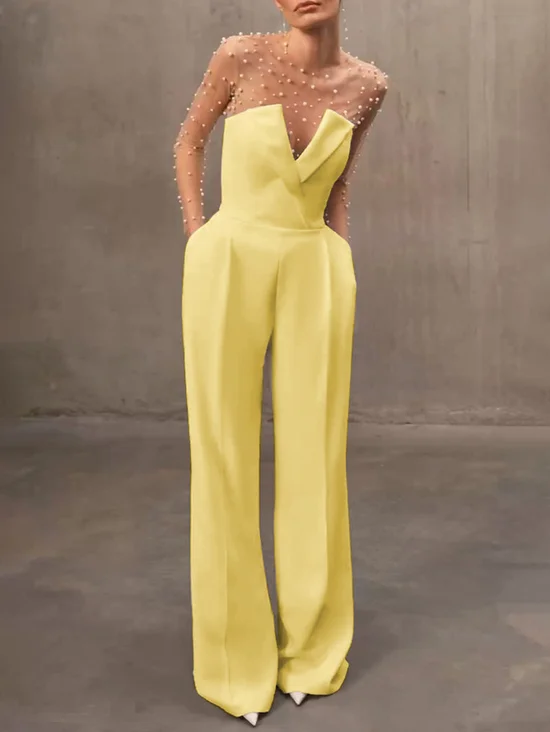 Light Yellow Imitation Pearls Strapless Jumpsuit