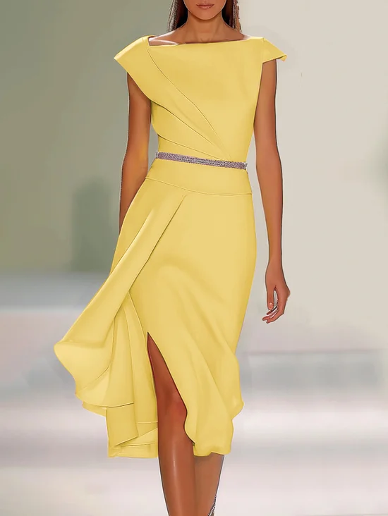 Pink Asymmetrical Neck Cap Sleeve Rhinestone A-Line Midi Dress 