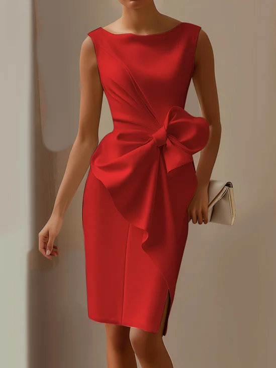 Red 3D Bow Sleeveless Knee-Length Dress