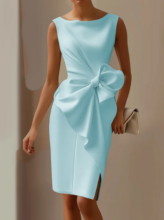 Light Blue 3D Bow Sleeveless Knee-Length Dress