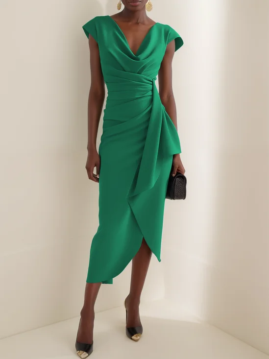 Green Cowl Neck Ruched Cap Sleeve Sheath Midi Dress