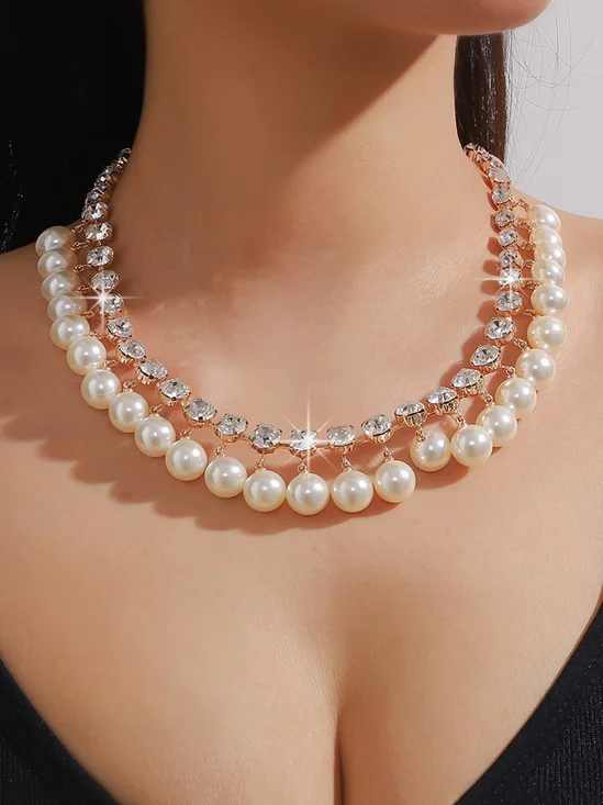 Elegant Imitation Pearl Rhinestone Double Layer Necklace