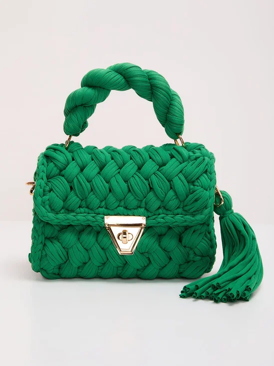 Handmade Braided Top Handle Bag with Removable Metal Chain Strap